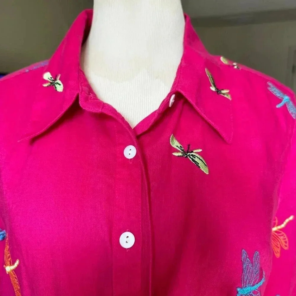 KIM ROGERS Women’s Top Blouse size L embroidered dragonflies 100% linen blouse - Picture 5 of 12